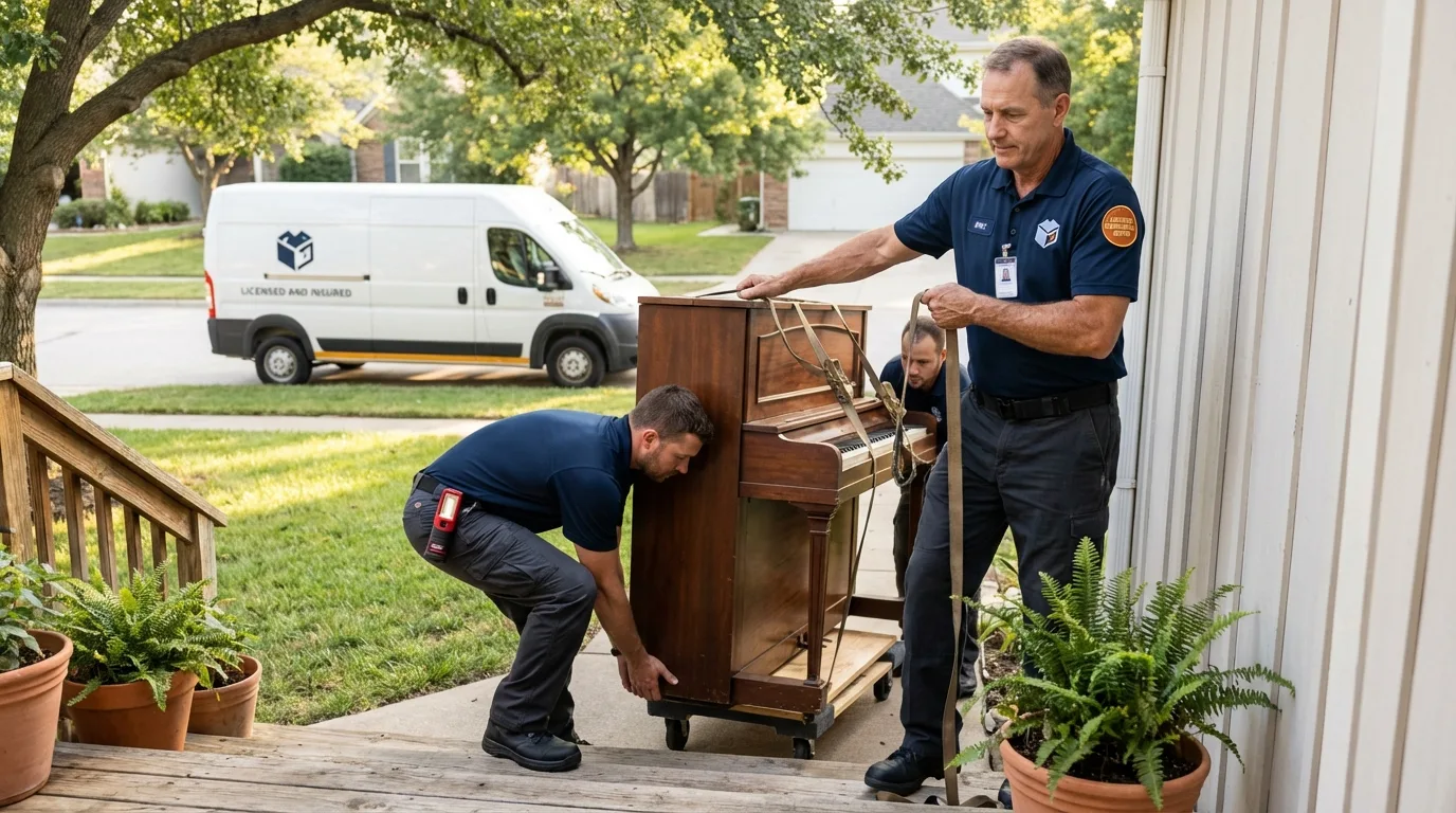 Licensed piano movers securing grand piano in Kealakekua, HI