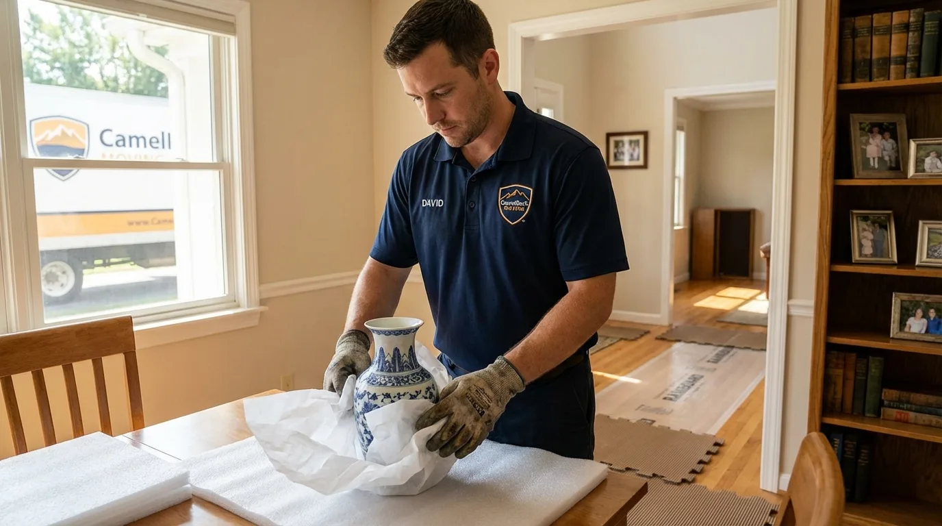 Professional crew carefully wrapping antique vase for senior downsizing move in Kealakekua, HI