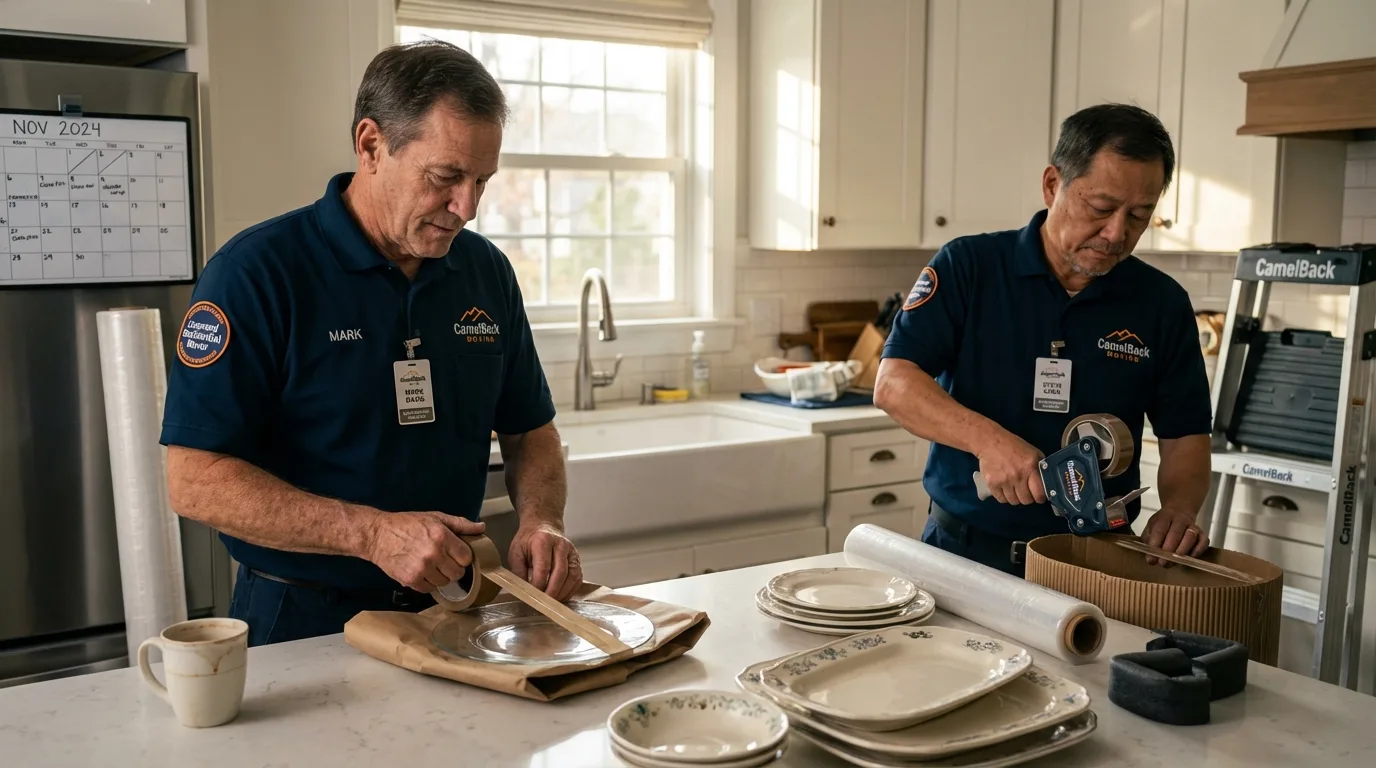 Professional crew packing kitchen dishware in Kealakekua, HI